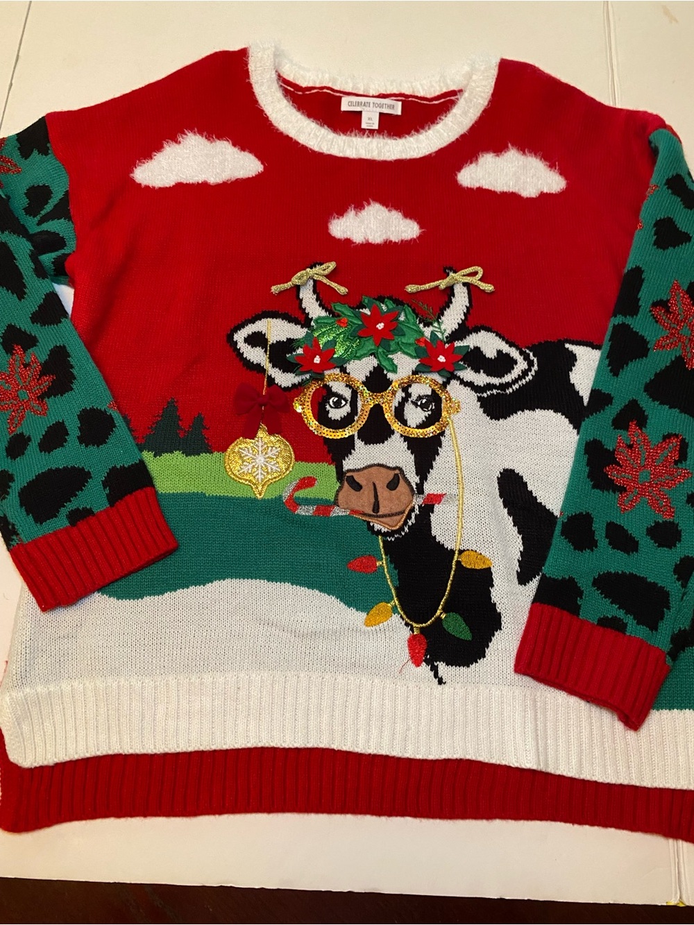 Ugly Christmas Sweater Red & Green Novelty Cow Christmas - Woman’s XL